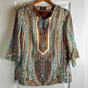 Karena P Blue Brown Paisley Silk Tunic Top
